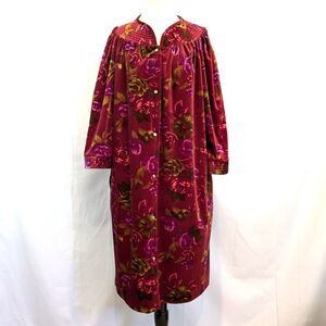 Vintage Granada New York Long Velour Robe Large Floral Snap Button Up Pockets